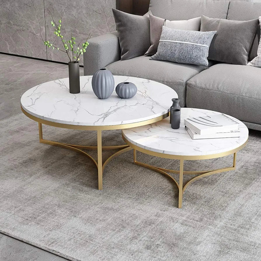 Coffee Table Round Marble Tabletop Nesting Table End Tables Modern Furniture Metal Frame Decor Side Table for Living Room Balcony Home and Office