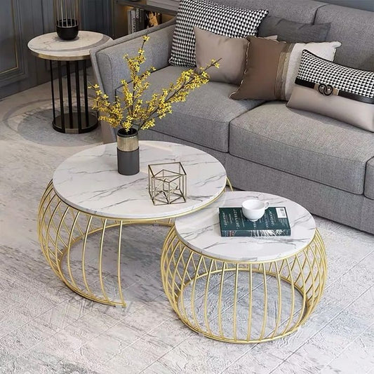 Modern Round Coffee Table Sets With Marble Top & Metal Frame 2-Piece White
