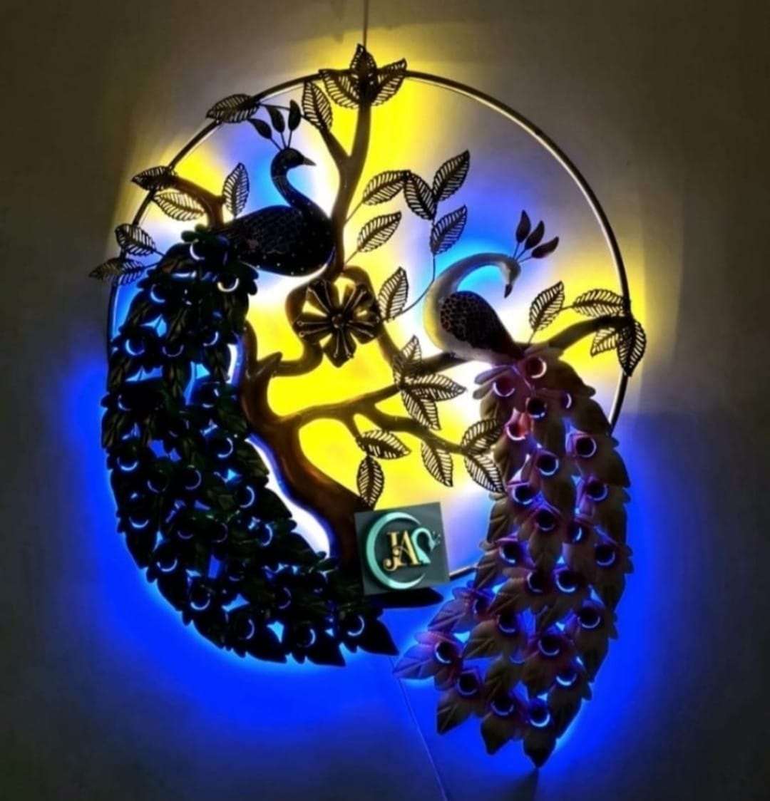 Double peacock colorful wall decor with led light idekors