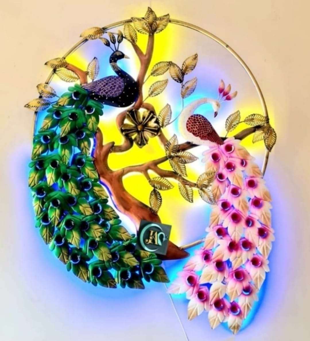 Double peacock colorful wall decor with led light idekors