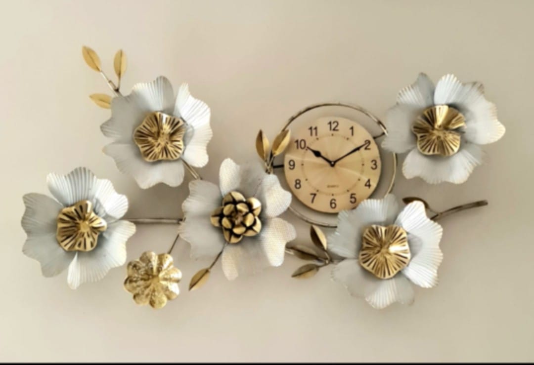 Golden floral leaf wall art with clock idekors