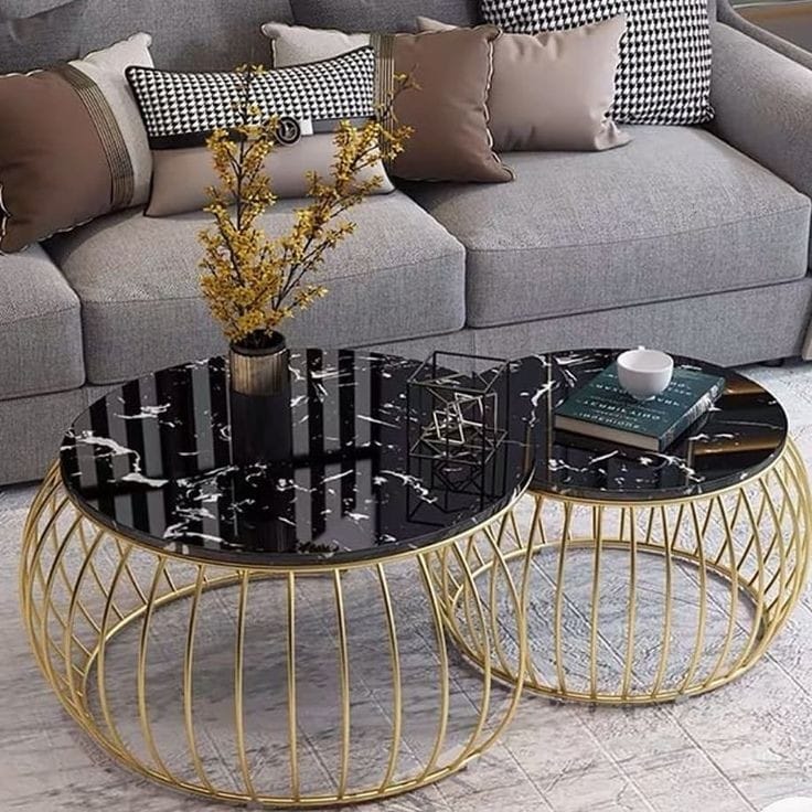 Modern Round Coffee Table Sets With Marble Top & Metal Frame 2-Piece White