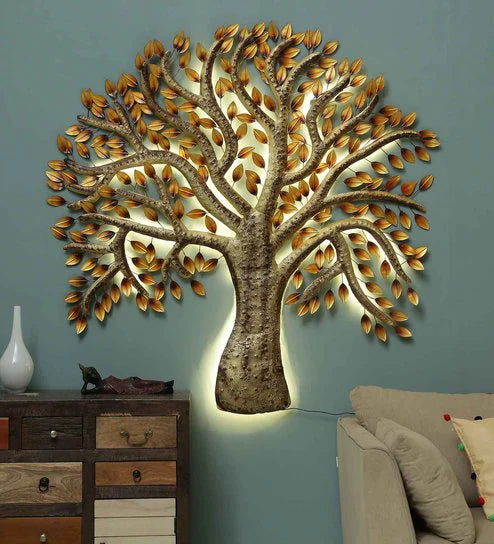Iron Decorative Tree Wall Art With LED In Gold idekors