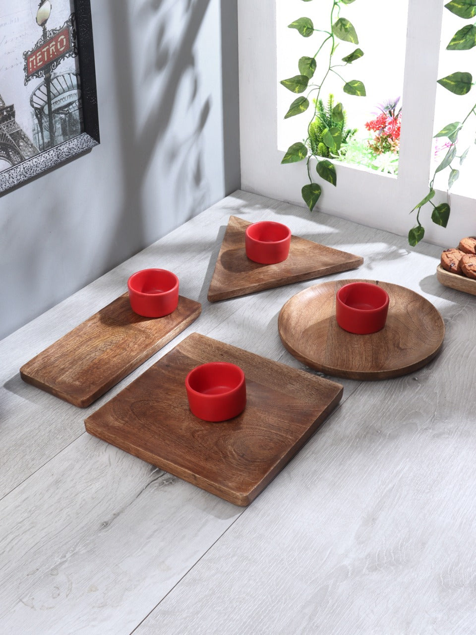 Mangowood and ceramic shapes platter set of 8 idekors
