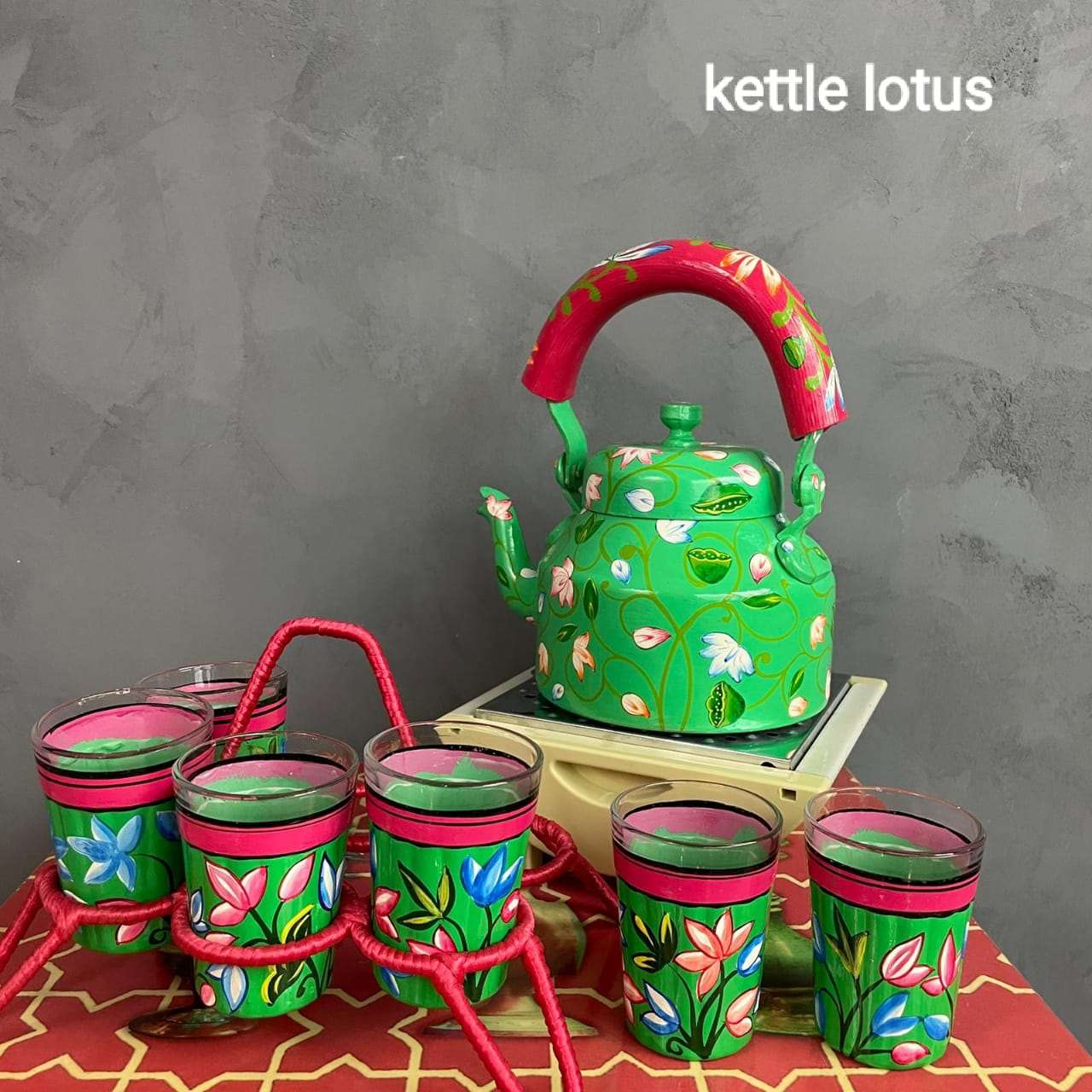 Tea kettles,6 glass sets,iron stand traditional idekors