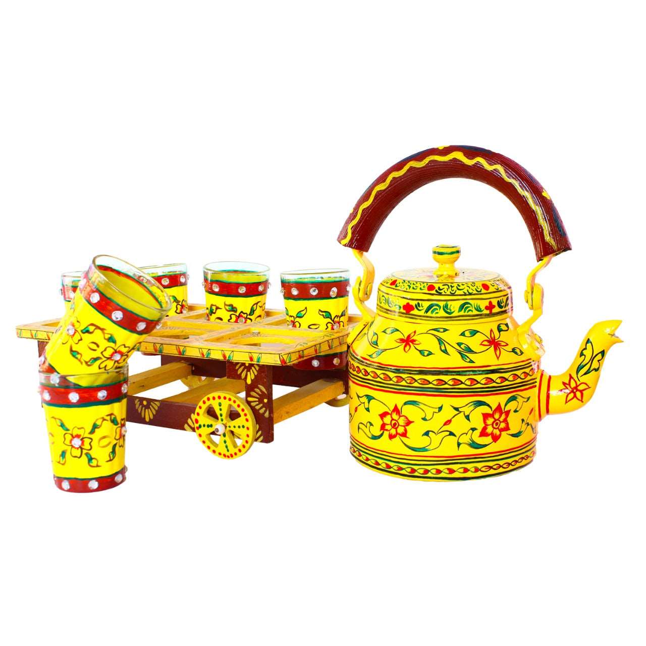 Tea kettles with 6 glasses and wooden cart idekors