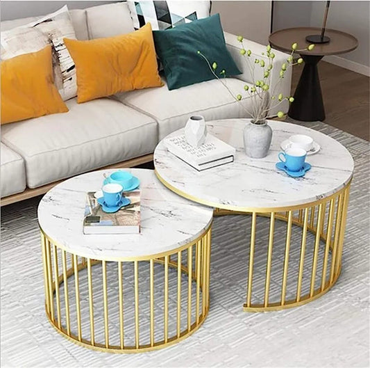 Set of 2 Round Nesting Coffee Tables, Metal Frame for Living Room Balcony Home and Office (Golden-BLK & White)